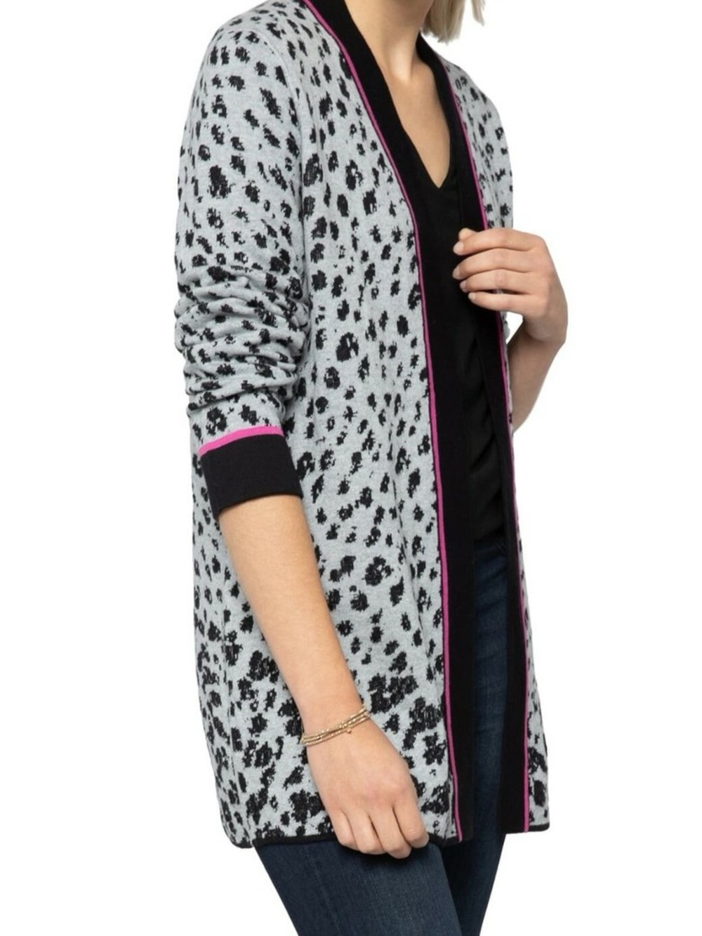 Nic + Zoe Gray Leopard Print Open-Front Cardigan reversible with Pink Trim 3X